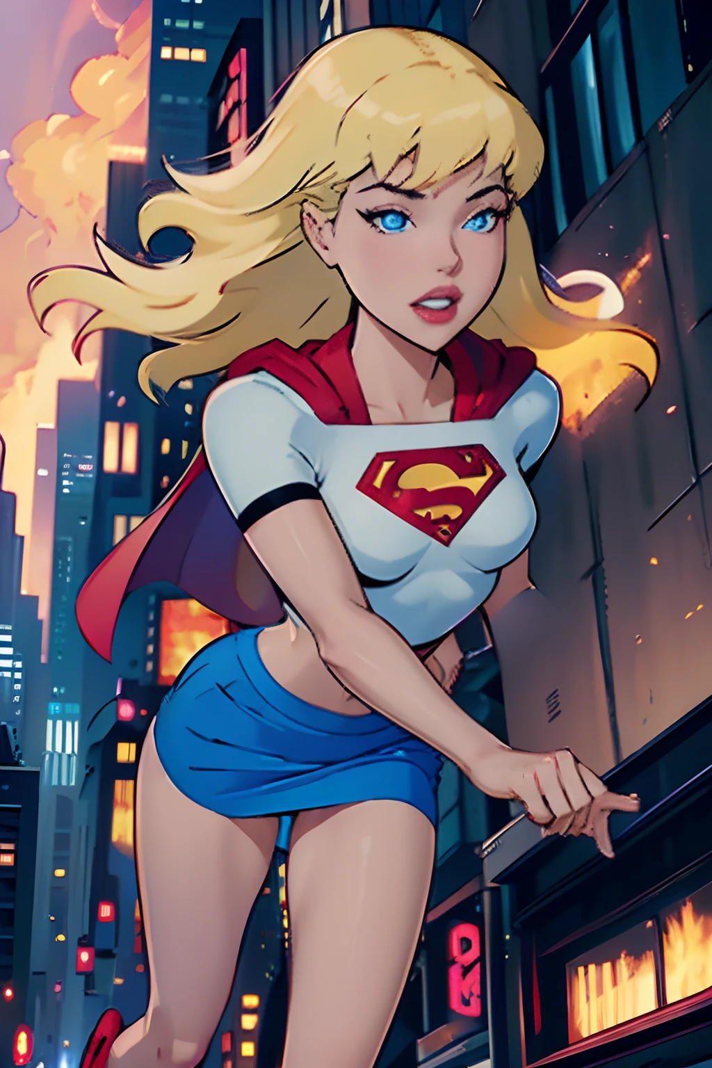 Supergirl flying through the sky (UHD) (tight clothes) (mini-skirt) (pink panties) (perky medium breasts) (red cape) (blonde hair).  Supergirl is flying toward a burning building.  (upskirt)