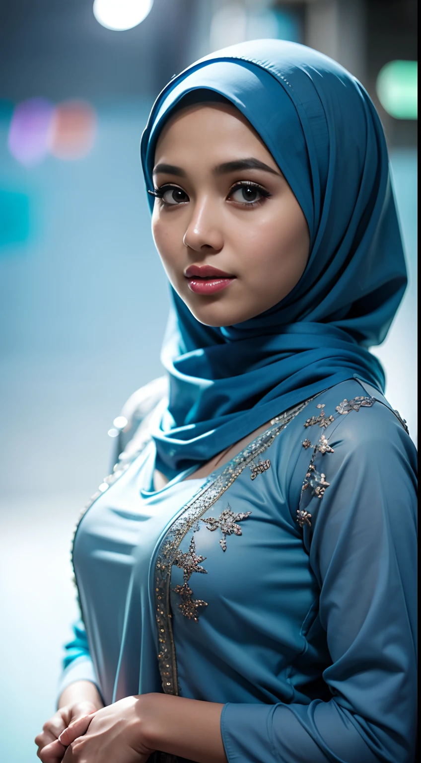 1 Malay girl, modern plain hijab, shy, medium portrait, watery eyes, blue glowing particles, wearing kebaya covering the entire chest,pastel blue, blue light bokeh background, well-proportioned body,