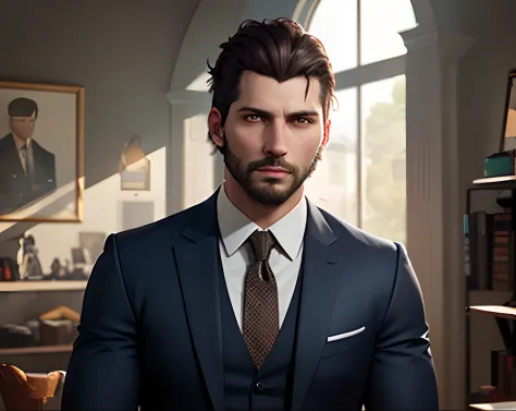 There's a man in a suit standing in front of a town, inspirado em Max Magnus Norman, Background Story : Diego Fazio, Retrato de ...