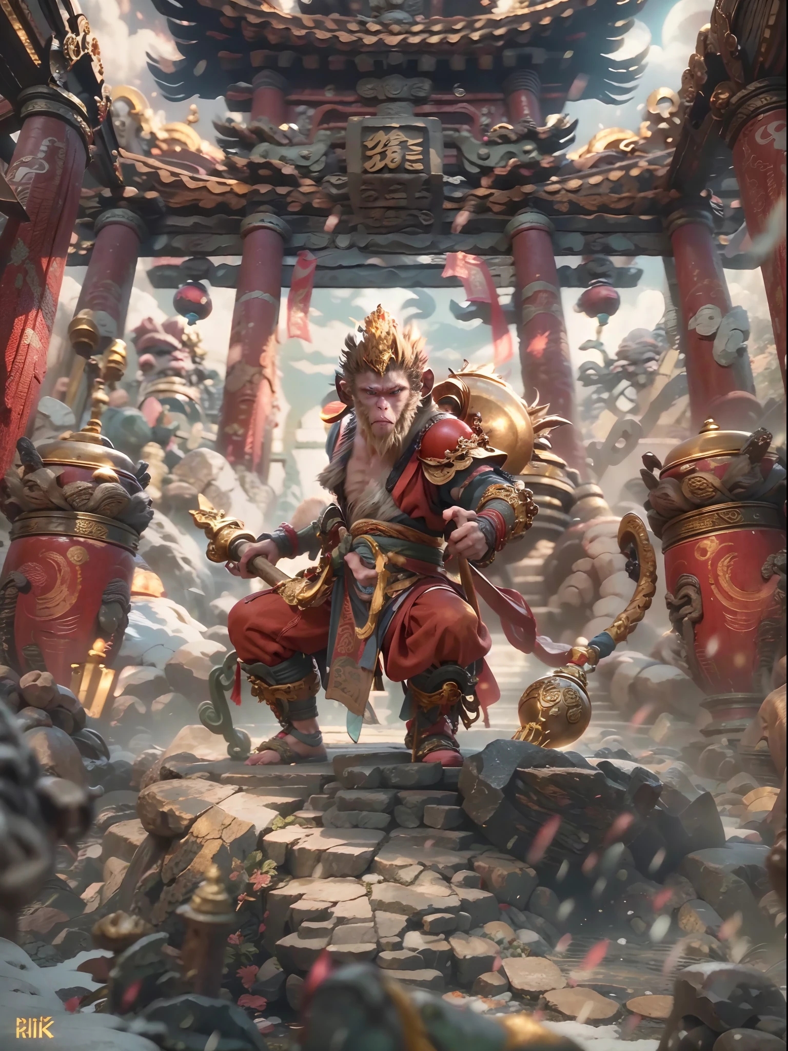 (highres:1.4),official art, unity 8k wallpaper, ultra detailed, beautiful and aesthetic, masterpiece, best quality, realistic, (fractal art), epic scene, highres, (masterpiece), (best quality), pov from above, Sun Wukong, ([golden:red]:0.4) fur, ([heavy Chinese armor:red cape]:0.4), (one hand holding the Golden Cudgel:1.2), ([monkey king|Sun Wukong]) stomp on ground ready to fly to the top of an ancient Chinese temple ready to battle, tall ancient Chinese temple, night, night sky, (cracked ground:1.2), feet on ground, monkey walking on ground, snow and cloud on the horizon, flying,