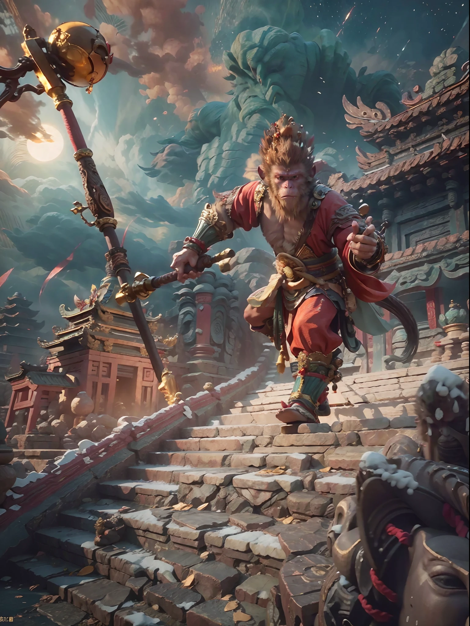 (highres:1.4),official art, unity 8k wallpaper, ultra detailed, beautiful and aesthetic, masterpiece, best quality, realistic, (fractal art), epic scene, highres, (masterpiece), (best quality), pov from above, Sun Wukong, ([golden:red]:0.4) fur, ([heavy Chinese armor:red cape]:0.4), (one hand holding the Golden Cudgel:1.2), ([monkey king|Sun Wukong]) stomp on ground ready to fly to the top of an ancient Chinese temple ready to battle, tall ancient Chinese temple, night, night sky, (cracked ground:1.2), feet on ground, monkey walking on ground, snow and cloud on the horizon, flying,