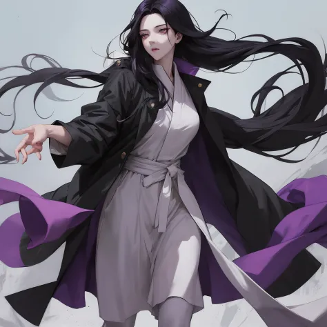 A girl with long black hair, fair skin, superior face, black and purple eyes, black clothes, wears a very large overcoat draggin...