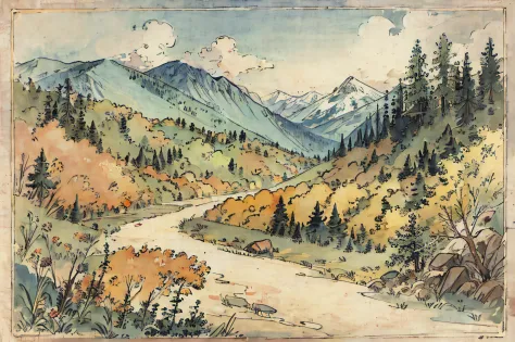 (Masterpiece), detailed, drawing, mountain landscape, deciduous forests