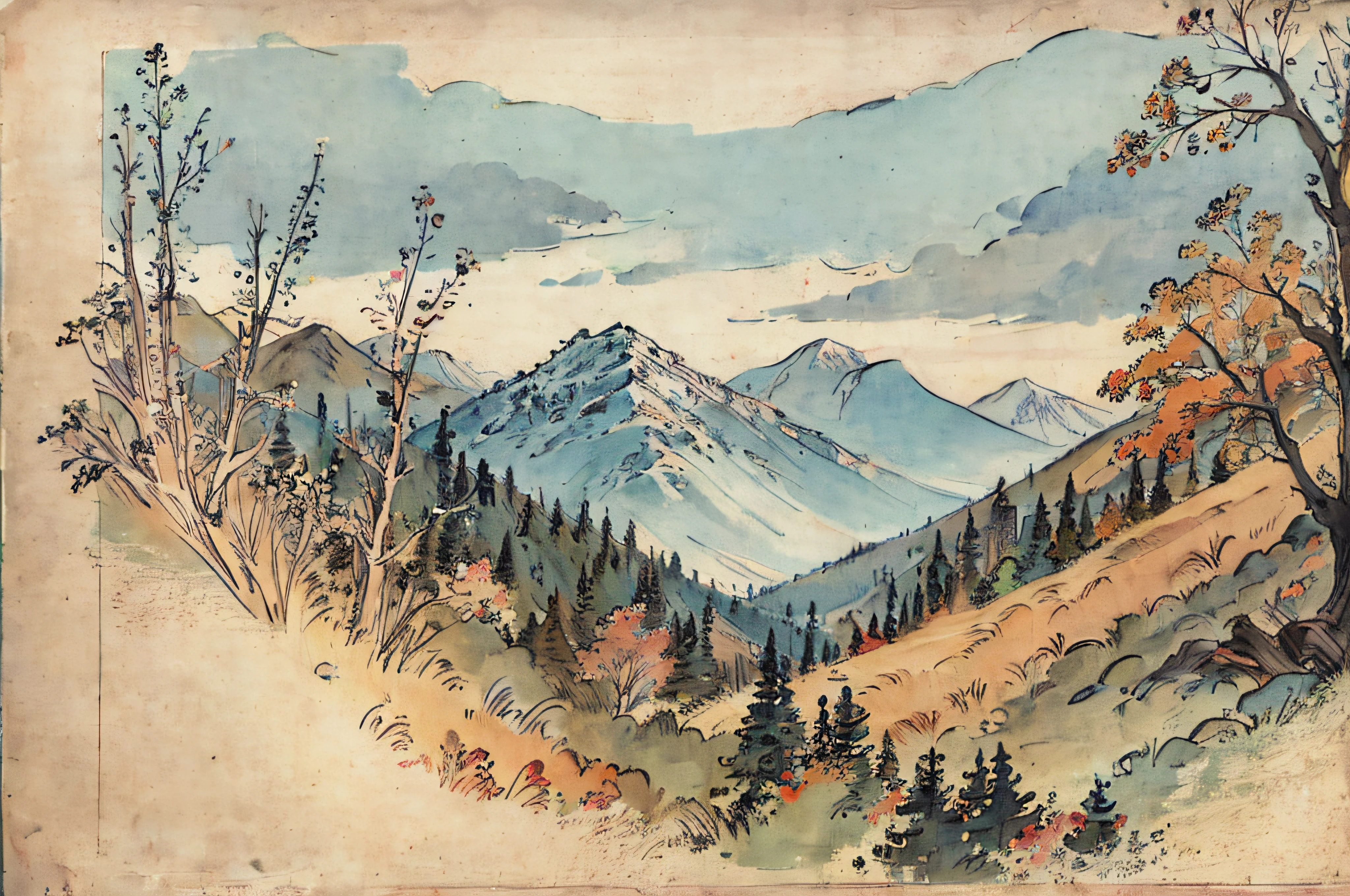 (Masterpiece), detailed, drawing, mountain landscape, deciduous forests