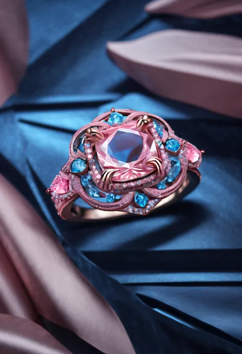 (Best quality,A high resolution,Masterpiece:1.2),Ultra-detailed,(Realistic:1.37),Unique materials,Metallic texture,Power symbol,Diamond,ring,Twinkling starlight,Museum,mistic,Mysterious design，multi-dimensional，Multiple angles，in pink，blue colors，one and o...