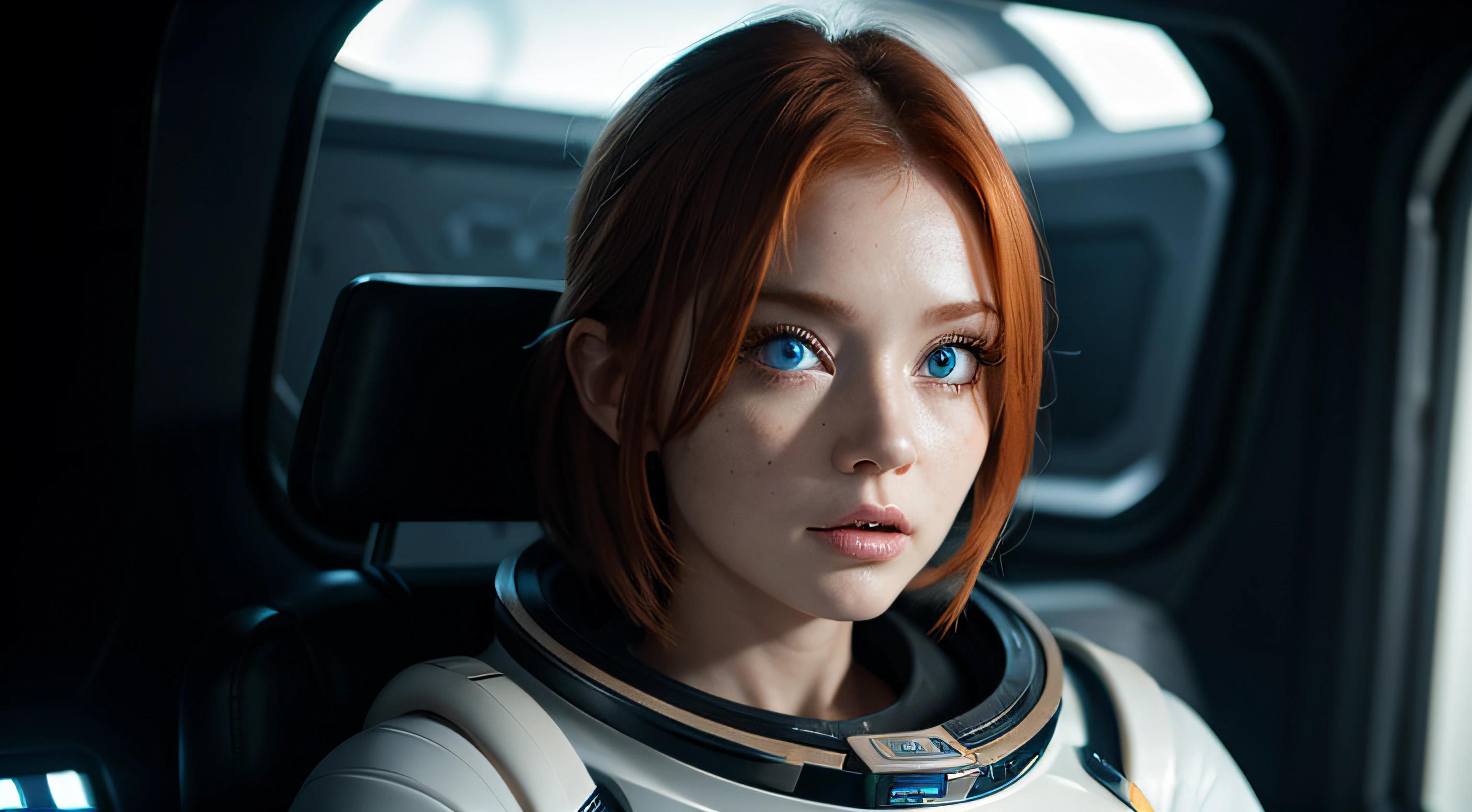 photo of a ginger woman, in space, futuristic space suit, (freckles:0.8) cute face, sci-fi, dystopian, detailed eyes, blue eyes