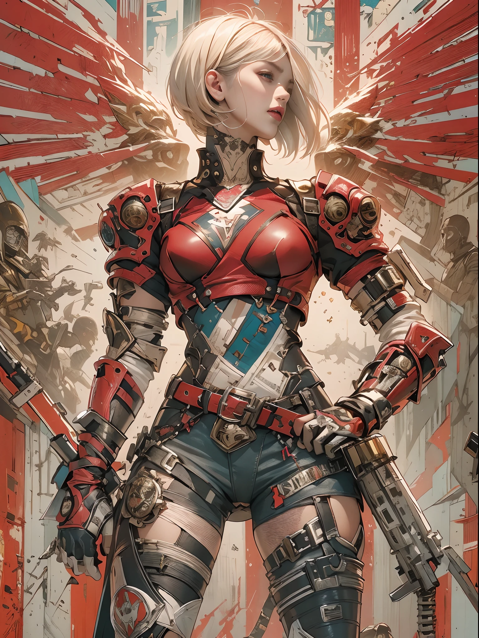 ((top-quality、8K、32K、​masterpiece、nffsw:1.3)), (superfine illustration)、(超A high resolution), (((adult body))), (((1girl in))), ((( Bob Shorthair ))), 25-year-old cyberpunk gladiator with a perfect body, Shoulder pads with metal spines, Gladiadores in Brooklyn, (( Bob Shorthair )), Small leather panties, Torn rugby team shirt, Almost naked in Simon Bisley's urban savage style, short blond hair, Minimum clothing, Metal protection on the left arm with complex graphics, Dark red with white stars and blue and white stripes, s Armor, Full of tips and rivets, Poison tattoo (((Image from the knee up))), short white blonde hair, In the background、 There is a wall with an intricate design painted by Shepard Fairey