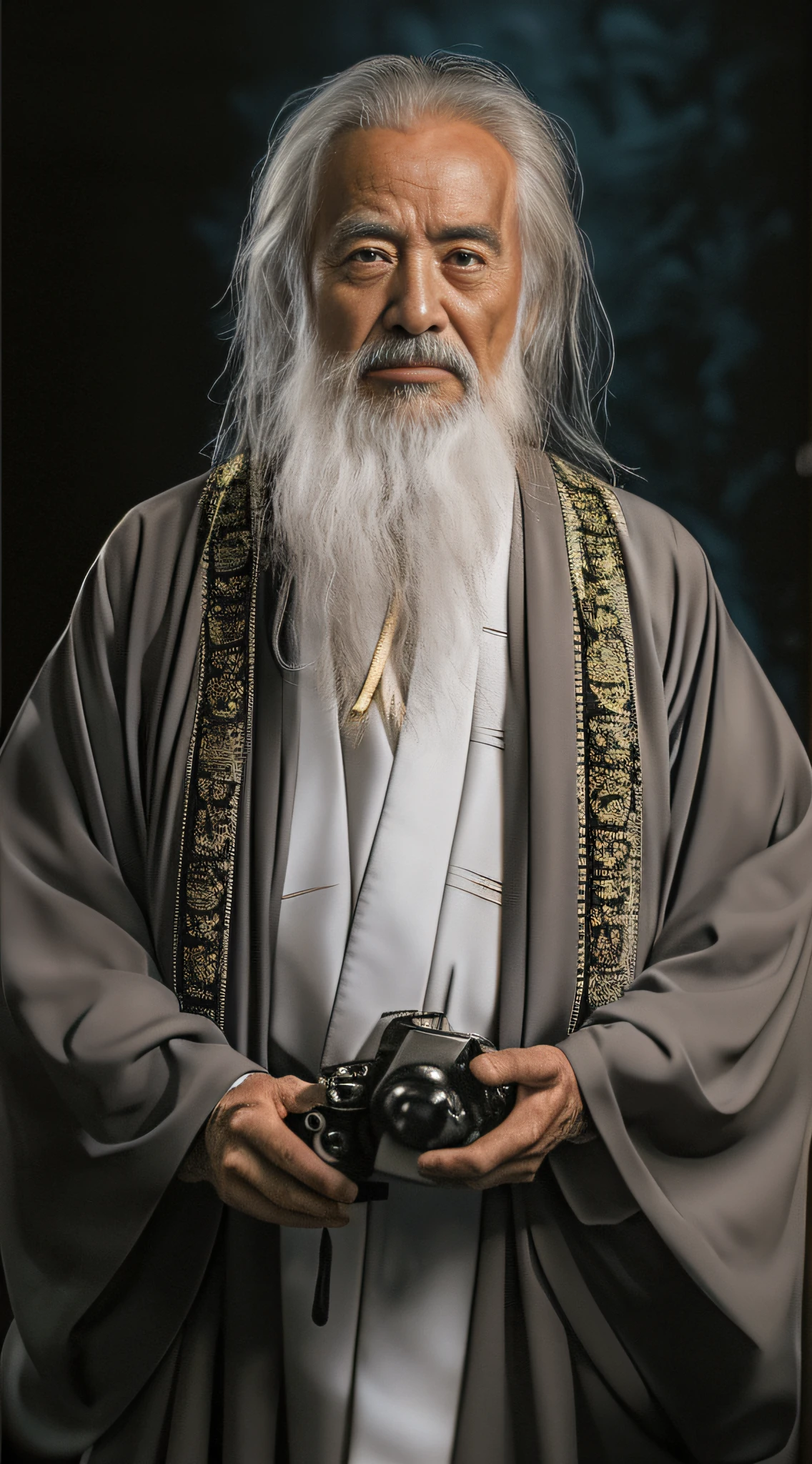 An old man，clad in robes，Face to the camera，The expression is serious。