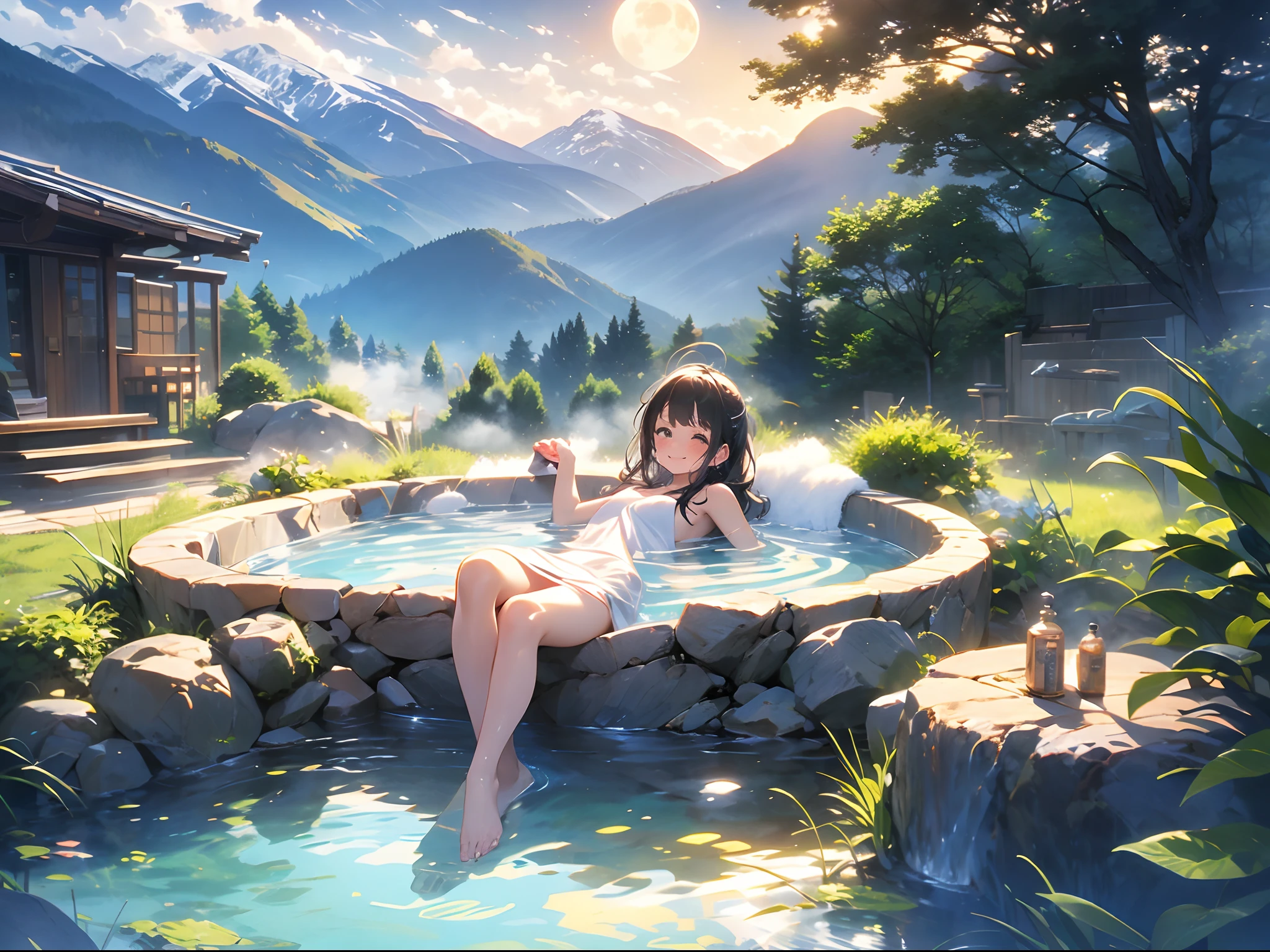 in 8K、top-quality、​masterpiece、ultra-detailliert、Ultra-high resolution、Anime style、outdoor bath、Rock bath、fullmoon、mountains on background、1 girl in、Wrap a bath towel around your body、Lying face down、A smile、(wetting hair)、(steam)