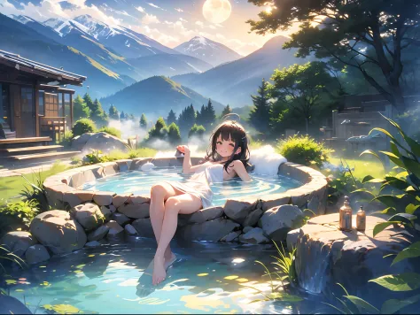 in 8K、top-quality、​masterpiece、ultra-detailliert、Ultra-high resolution、Anime style、outdoor bath、Rock bath、fullmoon、mountains on ...
