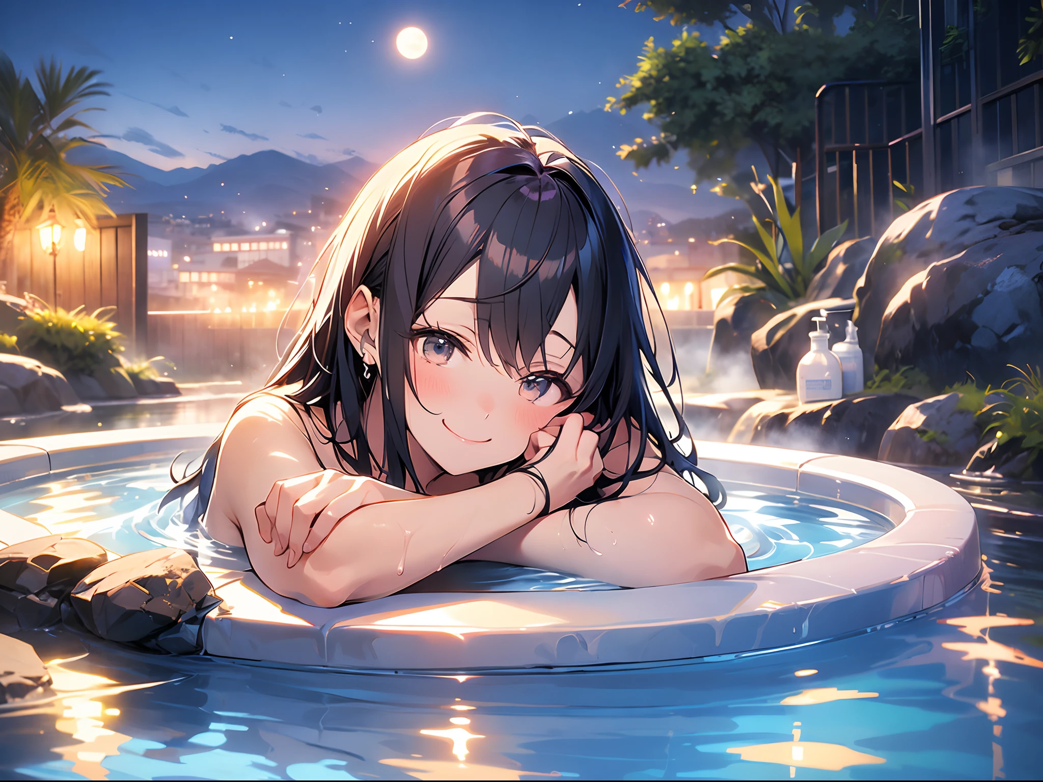 in 8K、top-quality、​masterpiece、ultra-detailliert、Ultra-high resolution、Anime style、outdoor bath、Rock bath、fullmoon、mountains on background、1 girl in、Wrap a bath towel around your body、Lying face down、A smile、(wetting hair)、(steam)