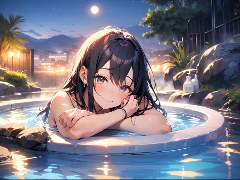 in 8K、top-quality、​masterpiece、ultra-detailliert、Ultra-high resolution、Anime style、outdoor bath、Rock bath、fullmoon、mountains on ...