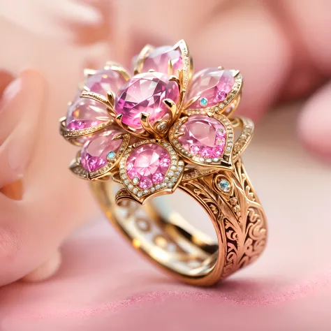 Large floral shaped ring,Sparkling pink diamonds,Exquisite craftsmanship,detailed carvings,Soft lighting,Gorgeous textures,macro photography,(high high quality,Ultra-detailed,Realistic:1.37),