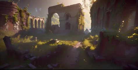 There is a photo of a ruined building in the middle of a field, unreal 5 engine highlly render, Rendered in Cryengine, Рендеринг Cryengine 8 k, ancient overgrown ruins, The Giperrealistic Environment, rendered in unreal engine 5, CryEngine Rendering, высок...