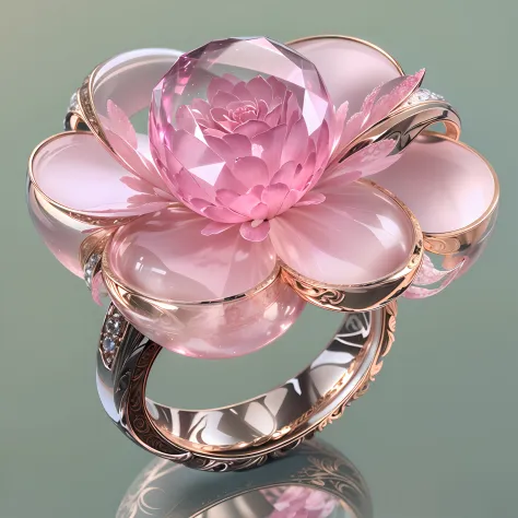 Large flower-shaped ring with pink diamond，Transparent fog，The hemispherical shape looks down from the sky，fanciful，Artistically。