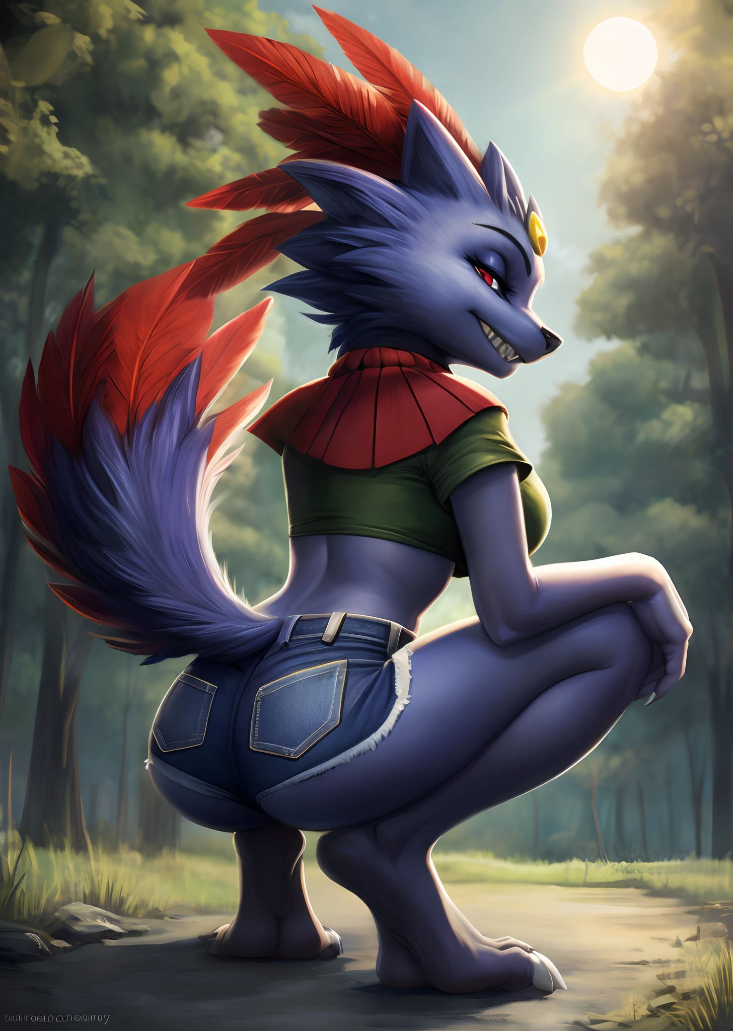 [pokemon], [weavile], [Uploaded to e621.net; (Pixelsketcher), (napalm_express), (twistedterra)], ((masterpiece)), ((HD)), ((high quality)), ((solo portrait)), (back view)), ((feet visible)), ((furry art)), ((detailed shading)), ((beautiful render art)), ((intricate details)), {anthro; (slim body), (shortstack), (indigo fur), black nose, red eyeshadow, (yellow gem on forehead), (red feather crown), (red feather tail), (red feather neckwear), (sharp white claws), cute red eyes, (short eyelashes), (beautiful feet), (beautiful legs), (smug smirk), (sharp teeth), (cute white fang)}, {(yellow off-shoulder shirt), (cleavage), (midriff), (denim short shorts)}, {(crouching), (looking back)}, [background; (park), (sun rays)]