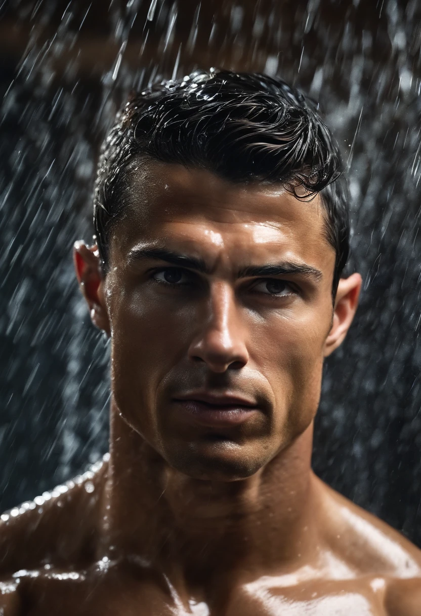 A close up of a man in the rain with his shirt off - SeaArt AI