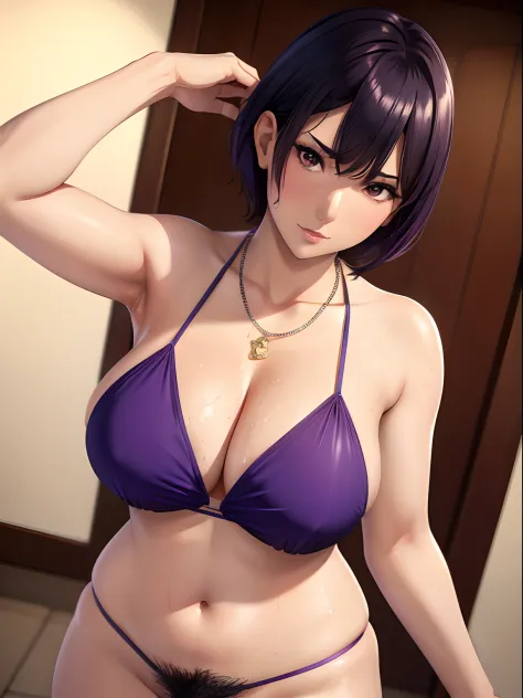 1girl, solo, (masterpiece, best quality:1.2), realistic, hyperrealistic, official, detailed face, face focus, mature women, milf, chubby, cleavage, nagatiti, (a mature women posing with their boobs are sticking out towards viewer:1.3), BREAK nagisa, black ...