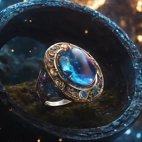 Composition: Craft a composition that enchants the viewer, highlighting the metal ring as the centerpiece. The overall layout should exhibit an aura of mystique and wonder, inviting the observer into a realm where fantasy and reality meld seamlessly.

Meta...