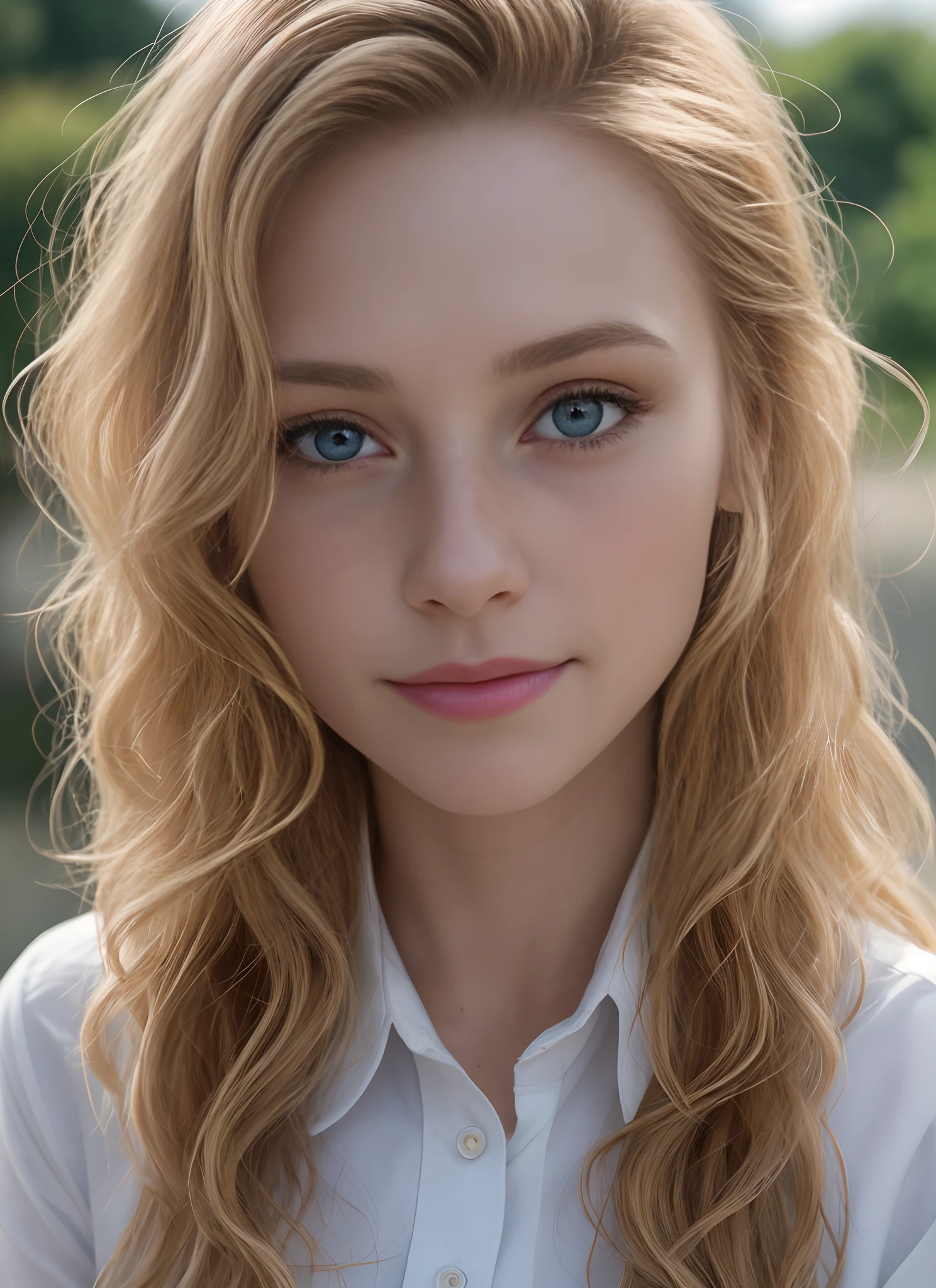 masterpiece, realistic, detailed eyes, beautiful, looking at the viewer, natural lighting, depth of field, film grain, wrinkled skin, 24yo, female, solo, wavy long blonde hair, blue eyes, white, formal shirt, freckles, smile, lips, upper body, Portrait, Close-up, Front view, Exterior