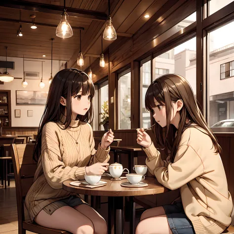 Girls having tea in a café、A café with a soft image of wood grain、Wearing beige knitwear、Complex writing、Masterpiece