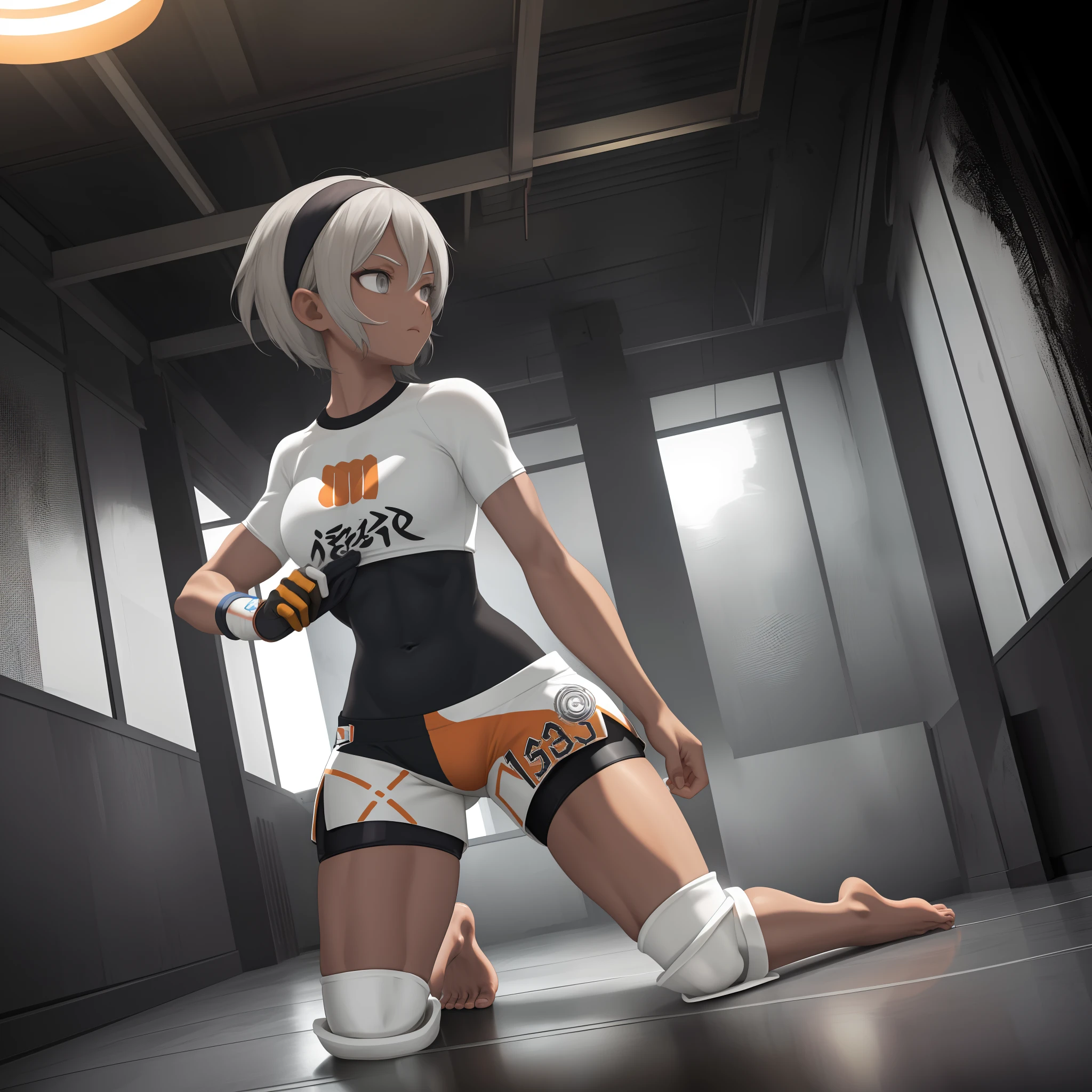 [Bea], [Pokemon], ((masterpiece)), ((high quality)), ((HD)), ((detailed shading)), ((beautiful solo portrait)), ((full body)), ((front view)), ((anime)), {attractive woman, (dark skin, short white hair, (beautiful light-grey eyes), (thicc thighs), (gorgeous hips), (beautiful muscular legs), (beautiful feet), (defined muscles), (expressionless)}, {(short-sleeve shirt), (bodysuit under clothes), (print shorts), (single glove), (headband), (white knee pads), (barefoot)}, {(kneeling), (looking ahead)}, [background; (gym), (ceiling lights), (ambient lighting)]