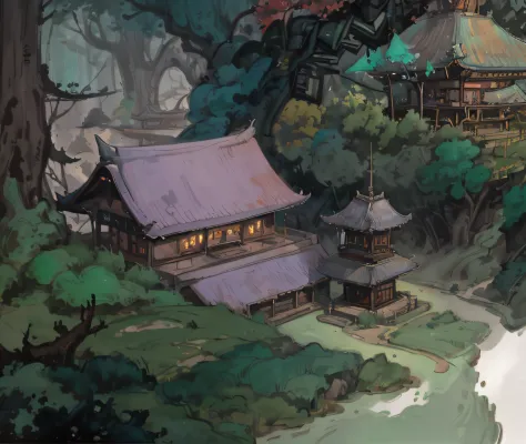 There is a painting，It depicts a small building in the middle of a forest, digital painting of a pagoda, painted as a game concept art, arte de fundo, environment painting, Anime landscape concept art, Stylized concept art, Temple background, Detailed digi...