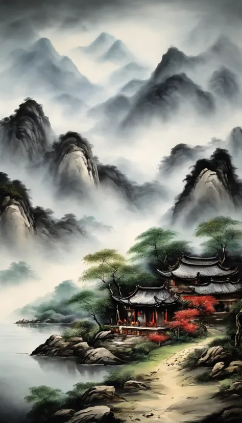 River village - Chinese Ink Painting 