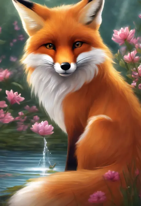 Wallpapers,red fox,3Drenderingof,extremely detailed nipple,oil painted,unreality,Film and television special effects,Superb,Fur details:1.1,Painting texture:1.1,Soft light,Beautiful scenery,clear silhouette,fox ear,Fox at play,pursed lips,water lilies：blan...