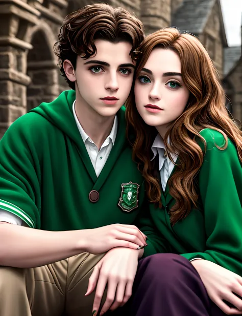 Actress Danielle Rose Russell as Hogwarts Slytherin character couple with actor Timothée Chalamet Human Realistic hd