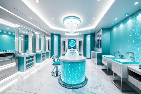Space design of water elements，Cosmetics industry，beauty salon，product showcase，Curvilinear cabinets are placed with cosmetic bottles，Tiffany blue dots the space，Water ripple stainless steel sculpture，Spatial renderings，water elemental，High-definition larg...
