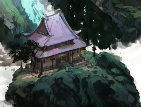 There is a cartoon picture of a small house on the hill, digital painting of a pagoda, mysterious temple setting, painted as a game concept art, background depicting a temple, Temple background, dojo on a mountain, a mystical temple, concept art for a vide...