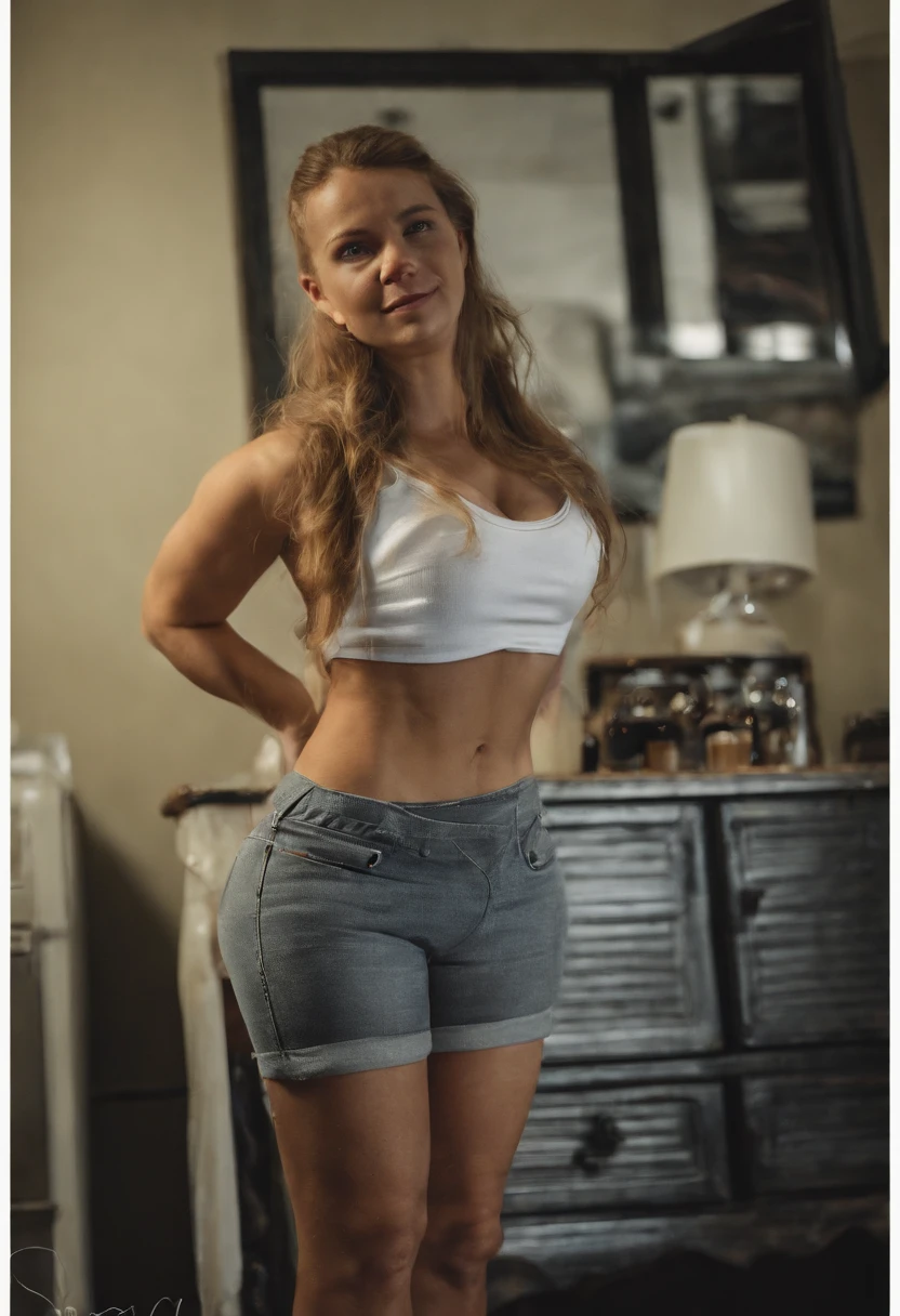 Arafed woman in a white tank top and denim shorts posing for a picture -  SeaArt AI