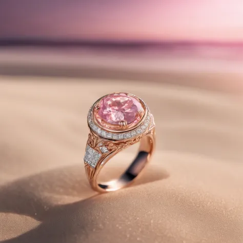 Raised hemispherical shaped ring,Sparkling pink diamonds,Exquisite craftsmanship,detailed carvings,Soft lighting,Gorgeous textures,macro photography,beach sand background