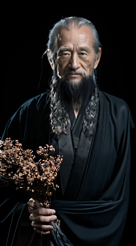 An old man，clad in robes，Face to the camera，The expression is serious，with black background。