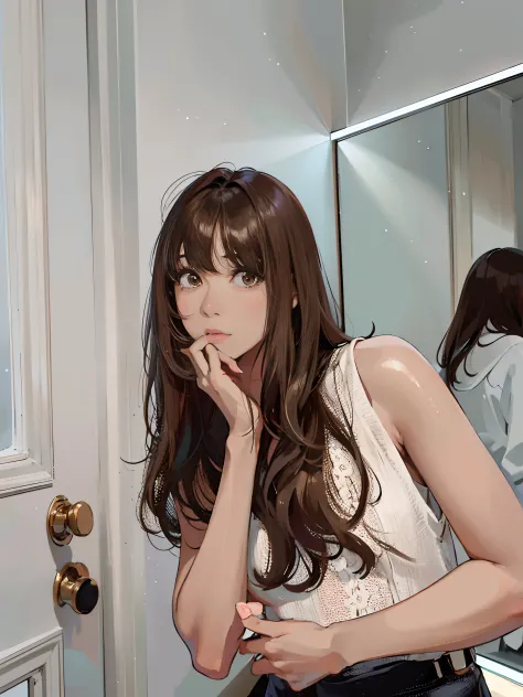 there is a woman that is standing in front of a mirror, long hair with full bangs, Long hair with bangs, brown long hair with bangs, With bangs, 奈良美智, neat hair with bangs, Brown hair with bangs, brown hair and bangs, ulzzangs, with a brown fringe, with fu...