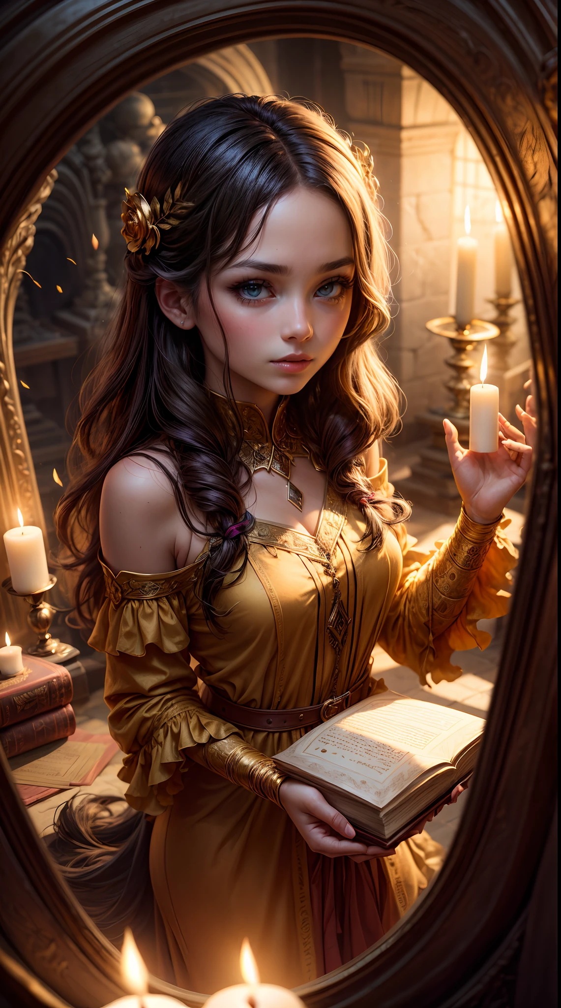 Deep within an underground chamber, a girl with eyes like liquid gold holds an ancient book open before her, and with a wave of her hand, the candles lining the chamber's walls burst into dazzling flames, illuminating the secrets hidden within the pages.