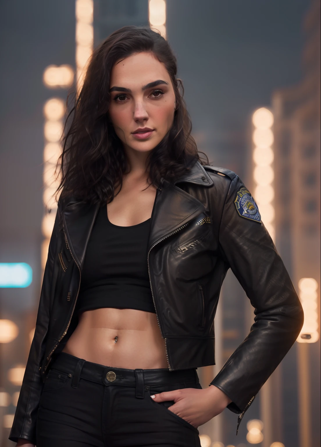 Porträt von gldot als schönes weibliches Model, Georgina Fowler, schönes Gesicht, mit kurzen dunkelbraunen Haaren, in cyberpunk city at night. Sie trägt eine sexy Lederjacke, schwarze Jeans, dramatische Beleuchtung, (Polizeiabzeichen:1.2)