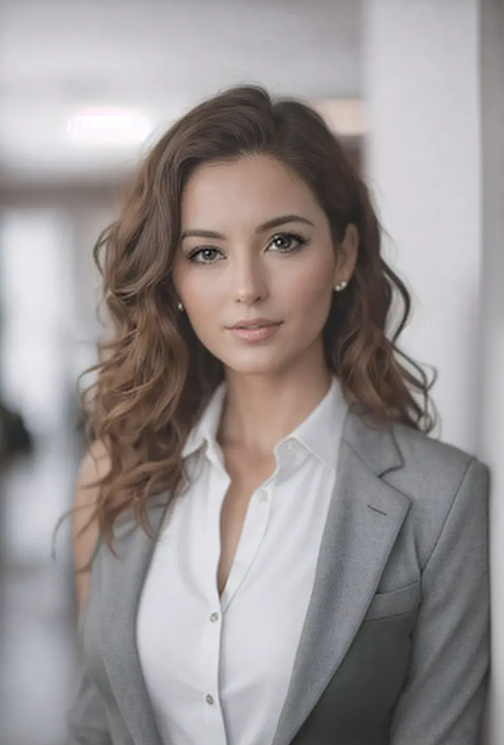 arafed woman with a ladies corporate gray suit with white shirt, posing for a picture, photo of a beautiful woman, 50mm portrait...