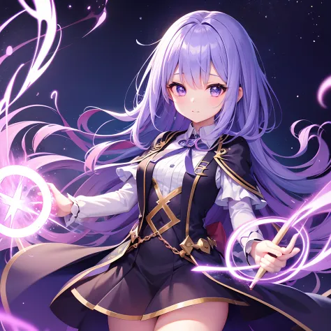 Beautiful wizard girl with magic wand、Lightning Effects、Thunder background in the dark、Overall purple image、kawaii、​masterpiece、anime illustrated、Beautiful image quality、Perfect human body structure、Black attire、