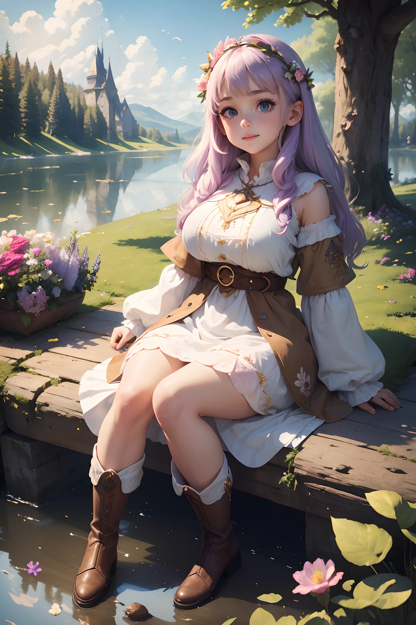 Best quality, (Masterpiece:1.2), illustration, absurderes, (1girll, Solo), (Beautiful detailed girl),, Aeolia, Lilac hair, long whitr hair, cheerfulness, cheerful big breasts, shift dresses, coat large, (fantasy:1.1) (medieval:1.1) Outfit,, White shirt, brown shorts, Fleece-lined boots, Brown boots,, a magical forest, Flowers, Fairy ring, Lake, sky, Clouds