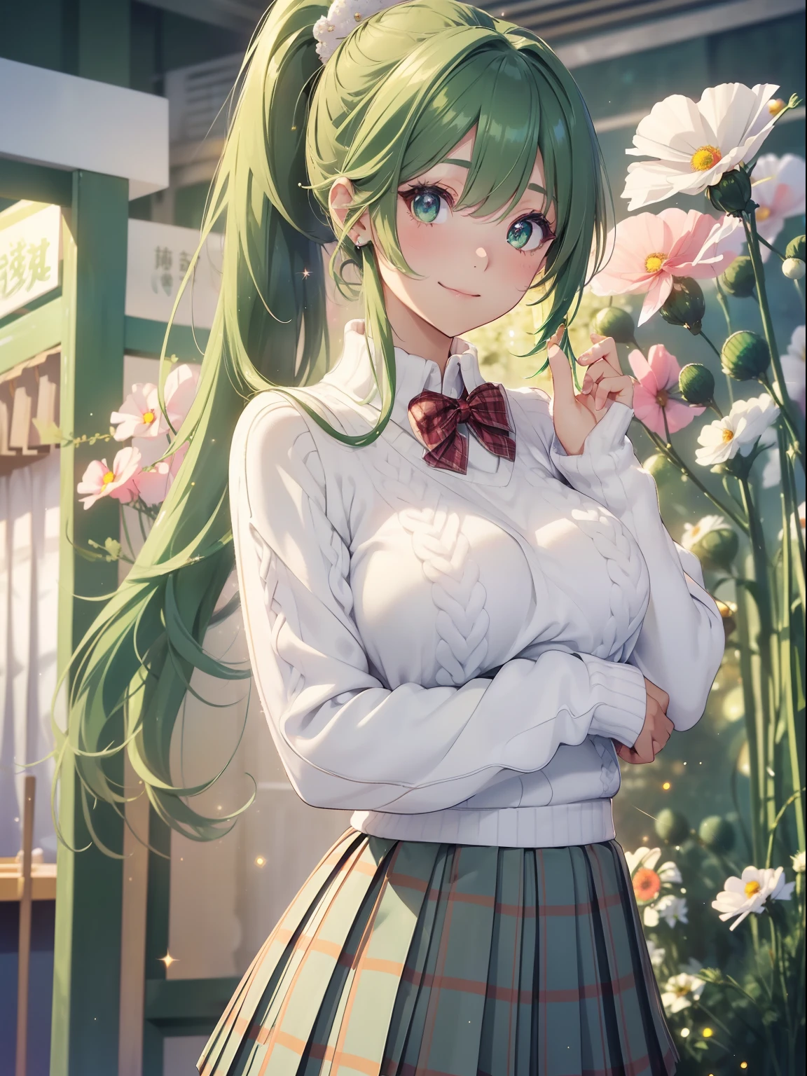 masutepiece, High resolution, 8k, anime woman, Delicate and detailed writing 、Detailed digital illustration、absurdly long hair、(((Ponytail)))、Shiny hair、a very beautiful woman、Eyes are double, Large,Little hanging eyes、 Bust E Cup、High image quality, High quality、Detailed background、、The inside of the eye shines like a diamond、(((Dark green hair)))、Gradient pupil、(((2 arms、4 fingers, 1 thumb)))、Detailed female face、a very beautiful woman、、Detailed background、​masterpiece、Soft Focus , Bright gradient watercolor , Lens Flare , (((glitter))) , Glow , Dreamy ,a miniskirt、idol、Light Green Ribbon、Very beautiful light green rose hair accessories、Light green and gold costume with white as the main color、((Macroface))、(Cool Girl).Tall lady、Dignified.((No bangs))、Eyes with blue gradient glow、Full smile、(((Face Close-up)、(((Winding check stall))) 、(School Uniforms:1.2), (wearing a white knitted sweater over a white shirt,,,,,:1.3), (Plaid pleated skirt:1.3),(((Cosmos Garden)))、Full smile