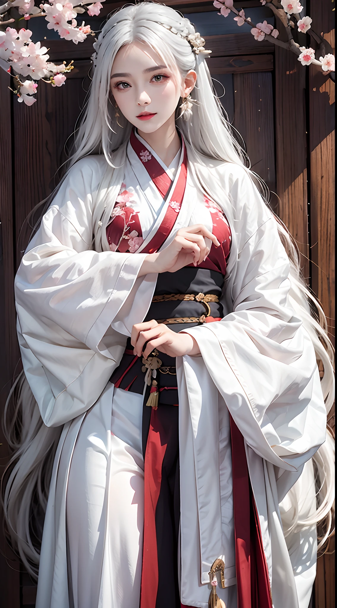 high resolution, 1women, solo, shining skin, jewelry, waist up, white hair, hanfu, taoist robe, cherry blossom