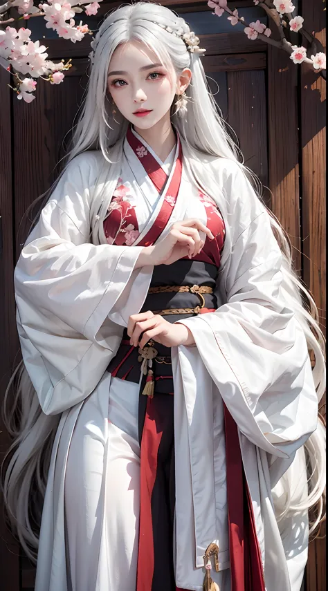 high resolution, 1women, solo, shining skin, jewelry, waist up, white hair, hanfu, taoist robe, cherry blossom