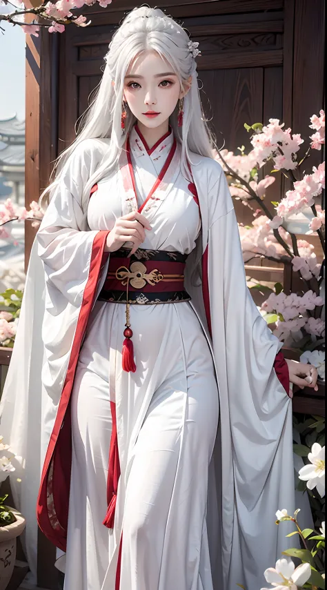 high resolution, 1women, solo, shining skin, jewelry, waist up, white hair, hanfu, taoist robe, cherry blossom