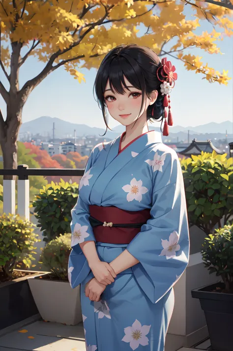 1lady standing, /(deep red yukata floral/), mature female, /(black hair/) bangs, blush kind smile, (masterpiece best quality:1.2...