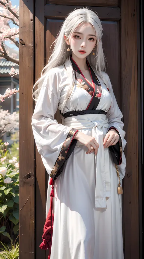 high resolution, 1women, solo, shining skin, jewelry, waist up, white hair, hanfu, taoist robe, cherry blossom