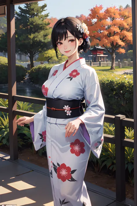 1lady standing, /(deep red yukata floral/), mature female, /(black hair/) bangs, blush kind smile, (masterpiece best quality:1.2) delicate illustration ultra-detailed, large breasts BREAK /(garden of Kyoto/) trees autumn foliage, detailed background
