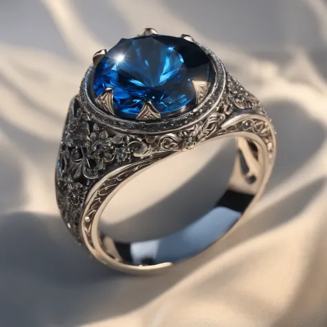 A metal ring, forged from the heart of a dying star, glows with an ethereal, otherworldly radiance. Its surface shimmers with a deep, cosmic blue, as if holding the secrets of the universe within. Swirling patterns of stardust dance across its smooth, poli...
