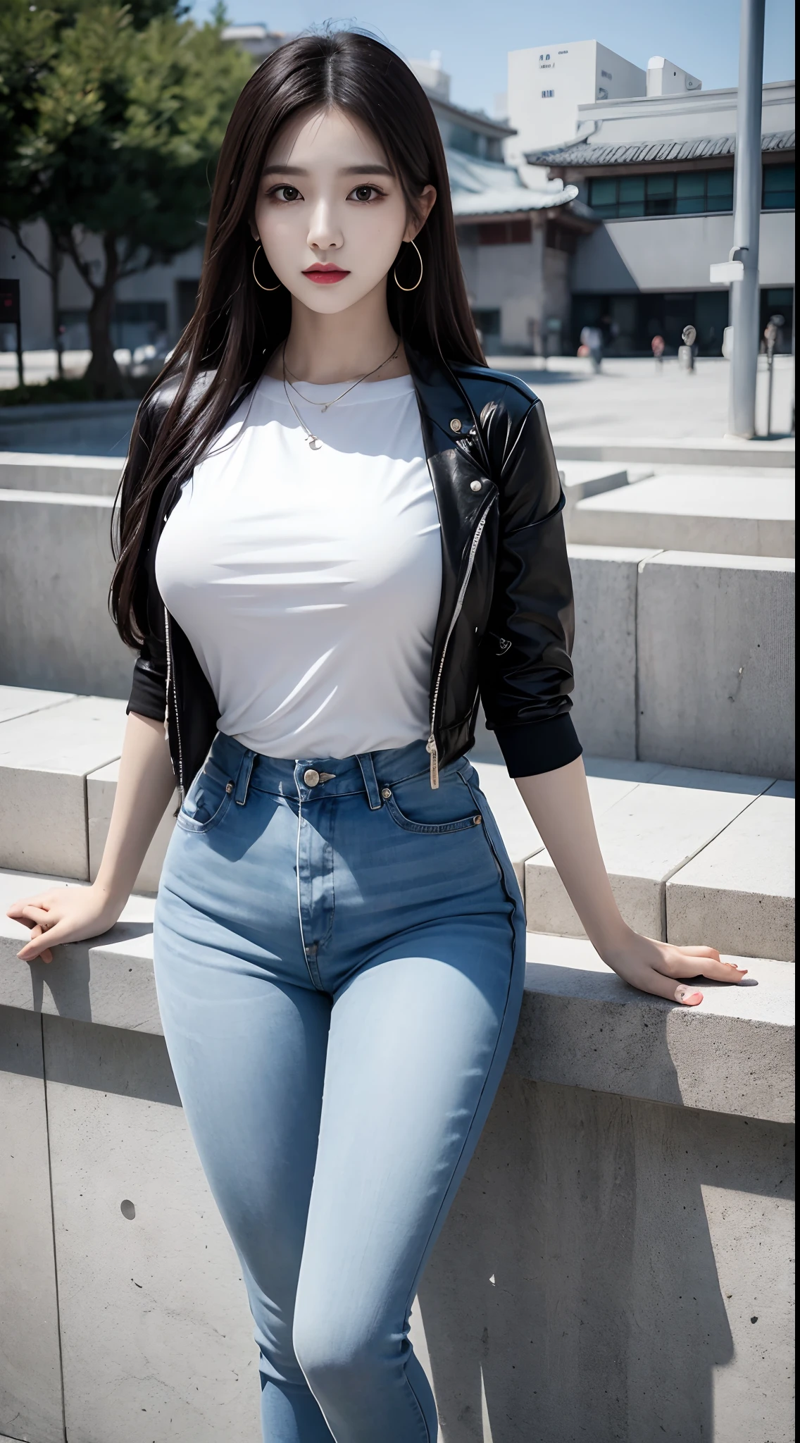 A close up of a woman in jeans and a white shirt - SeaArt AI